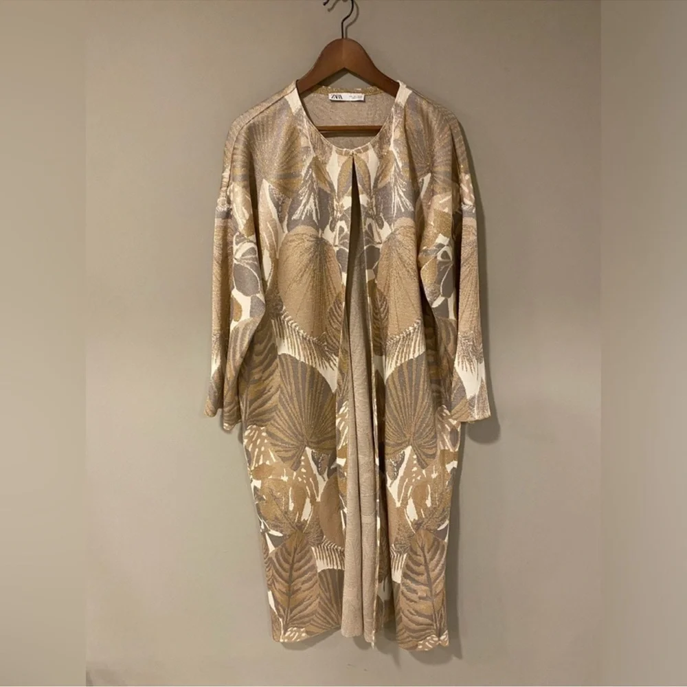 Zara Long Cardigan Coat Coatigan Duster in floral, gold print NWOT Size M - Picture 3 of 14